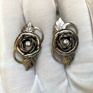 Vintage Silver Tone Rose Screw Back Earrings Rhinestone Center Leaf Detail